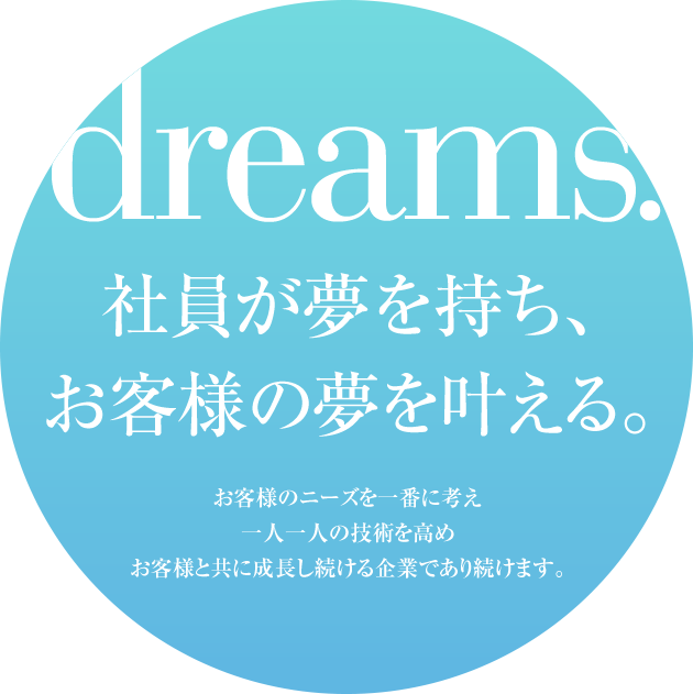 社員が夢を持ち、お客様の夢を叶える。お客様のニーズを一番に考え一人一人の技術を高めお客様と共に成長し続ける企業であり続けます。